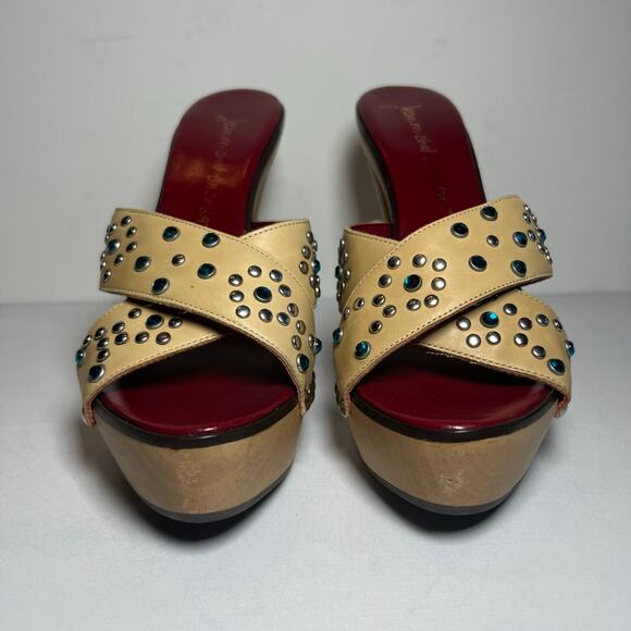 Jean-Michel Cazabat Platform Sandals Tan Leather Rhinestone 5 Inch Heel Sz 7.5 - Picture 6 of 12